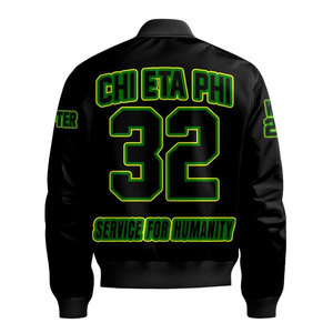 เสื้อแจ็คเก็ตบอมเบอร์สีเขียวสำหรับผู้ชาย ยี่ห้อ Chi Eta Phi พร้อมตัวอักษรสีเหลืองและหมายเลข 32 ลายพิมพ์ Service For Humanity ซิปด้านหน้า สไตล์ลำลอง - Product Image 6