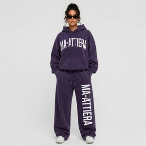 Custom <b>Purple</b> Oversized Hoodie and Wide Leg Sweatpants Set <b>Women</b> Cotton Fleece <b>Tracksuit</b> OEM ODM Wholesale - Product Image 1