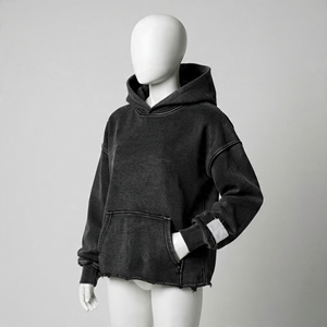 Distressed Boxy Hoodie Vintage Wash Dropped Shoulders Ribbed Cuffs Streetwear Oversized Hoodie with Custom Logo - Product Image 2