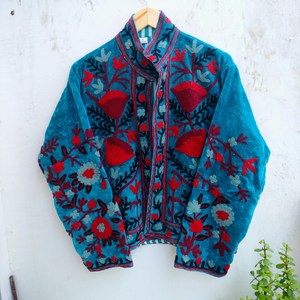 Handcrafted Turquoise Blue Velvet Breathable <b>Quilted</b> Women's Premium Suzani Kashmiri Embroidered Winter Wear Jacket Floral - Product Image 1