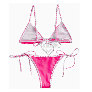 Ensemble bikini rose deux pièces avec bordure contrastée et cordon de serrage, maillots de bain sexy pour l'été, vêtements de plage pour femmes - Product Image 2