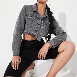 Chaqueta vaquera corta con dobladillo deshilachado y efecto desgastado, estilo urbano vintage, para mujer, servicio OEM con MOQ bajo - Product Image 1