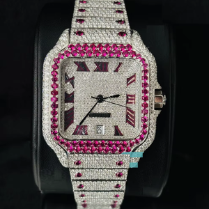 Luxury VVS Moissanite Iced Out Watch Automatic Pink Ruby Diamond Bezel Square <b>Face</b> Roman Numerals Hip Hop Jewelry Timepiece - Product Image 1