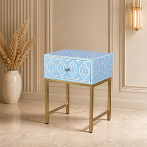 Blue Bone Inlay Nightstand Floral Pattern Bedside Cabinet <b>Side</b> Table With <b>Drawers</b> for Bedroom Living Room - Product Image 3