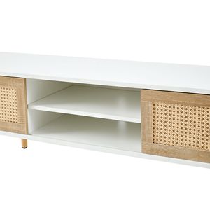 Mobile TV in Legno Massello da 140 cm con Ripiano Regolabile, Doppie Ante Scorrevoli, Finitura in Rattan, Consolle per Soggiorno con Dettagli Bianchi - Product Image 1