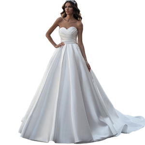 Robe de mariée style français moderne en satin et dentelle, longueur ras du sol, grande taille, manches courtes, élégante, taille basse - Product Image 5
