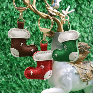 Handcrafted Brown Leather <b>Christmas</b> Stocking Keychain Featuring White Stitched Snowflake Accents And A Secure Ring Hang Any <b>Tree</b> - Product Image 6
