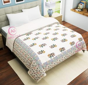 Couette/Razai en coton imprimé floral éléphant de Jaipur, légère, toutes saisons, 85x55 pouces, style bohème - Product Image 3