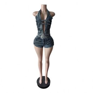 Combinaison-short moulante en jean bleu pour femme, dos nu, sans manches, à découpes, taille haute, avec ceinture, pour club et soirée - Product Image 1