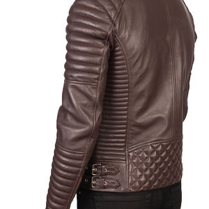 Blouson en cuir matelassé imperméable marron pour homme, coupe ample, fermeture éclair asymétrique, style motard, en cuir de vachette premium - Product Image 6
