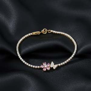Pulsera de tenis con mariposa y flor de moissanita rosa, chapada en oro de 18K sobre plata de ley, dije de moda para mujer, regalo para fiesta - Product Image 4