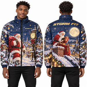 Veste matelassée pour homme avec impression par sublimation de Père Noël, chaude pour l'hiver, fermeture éclair, col montant, coupe-vent - Product Image 4