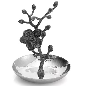 Bandeja Decorativa de Metal con Diseño Botánico Hecha a Mano, Acabado en Plata Antigua y Gris Metálico, Escultura de Orquídea, Elegante Tazón Decorativo para Mostrador - Product Image 1