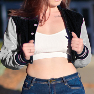 Womens Varsity Crop Jacket Royal Blue <b>Maroon</b> Letterman Style Bomber <b>Coat</b> Faux Leather Sleeves Casual Outerwear Ladies Fashion - Product Image 2