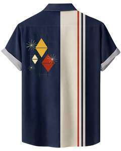 Camisa de Manga Corta con Botones y Estampado Geométrico Retro Azul Marino y Beige, Informal, de Verano, para Hombre, Fabricante OEM, Suministro al por Mayor - Product Image 2