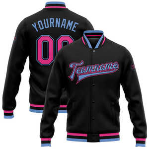 Custom Men's <b>Black</b> Varsity <b>Jacket</b> With Pink Blue Trim Personalized Name Number Front Logo Patch Design Autumn Casual Wear - Product Image 2