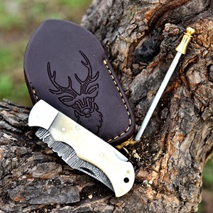Handmade Damascus Steel Folding <b>Knife</b> • <b>Bone</b> <b>Handle</b>, Leather Sheath - Product Image 2