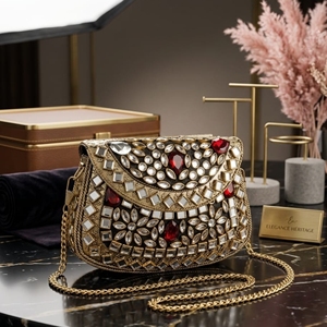 New Mini Kundan Design Clutch Bag with Chain Strap, Designer Ethnic Wedding Party <b>Handbag</b> for Women and Girls - Product Image 2