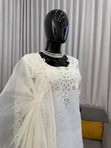 Conjunto de Salwar Kameez Blanco Bordado para Mujer, Traje Étnico Kurta Palazzo, Atuendo para Bodas y Fiestas - Product Image 3