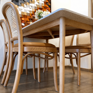 Ensemble de table à manger convertible MT Furniture, style scandinave moderne minimaliste, avec 4 chaises, pieds en bois, plateau en marbre, forme rectangulaire - Product Image 5