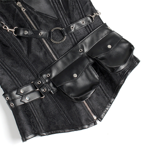 Corsé de cuero PU para mujer con cremallera y bolsillos, faja moldeadora de control firme, negro - Product Image 5