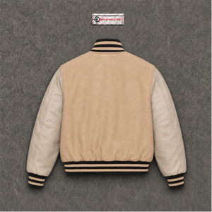 Veste universitaire en laine beige de qualité export, avec manches en cuir, col rabattu, coupe classique, pour la production en gros, par fabricant et fournisseur - Product Image 6