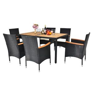 7-Piece Acacia Wood Table Top Rattan Chair Patio Dining Set with Soft Seat Cushions Outdoor Garden Conversation Set - Product Image 5