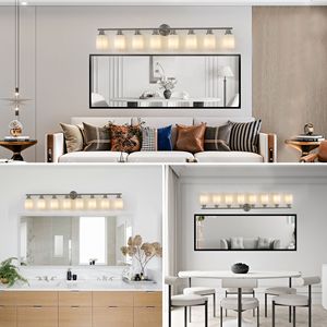 Applique da Parete Moderna a 8 Luci da 52 Pollici, Finitura Nichel Spazzolato, Paralumi in Vetro Satinato per Illuminazione Bagno e Corridoio, Senza Lampadine - Product Image 5