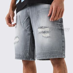 Pantalones Cortos Bermuda de Mezclilla Rasgada Gris Claro para Hombre, Cintura Media, Elásticos, Transpirables, Estilo Casual, de Algodón Tejido, para Verano, OEM - Product Image 1