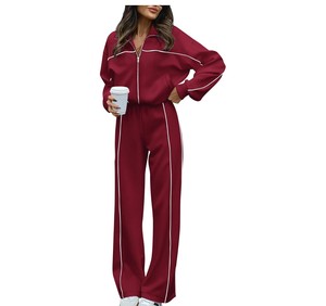 Conjunto Deportivo Rosa para Mujer, Manga Larga, Color Sólido, Cierre Frontal con Cremallera, Pantalones Casuales, Corte Holgado, Transpirable, Poliéster, Ropa de Primavera - Product Image 2