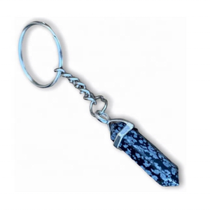 Haute qualité naturel flocon de neige obsidienne cristal porte-clés à la main colonne hexagonale pierre Double Point en gros porte-clés en métal - Product Image 1