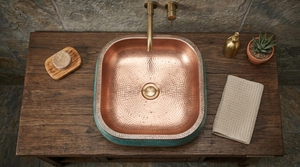 Lavabo de cobre martillado hecho a mano con pátina verdigris, estilo rústico para baño, lavabo de cobre artesanal. - Product Image 2