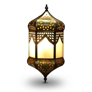 <b>Moroccan</b> Hanging Palace Arch Metal Lantern with Frosted Glass Antique Brass Finish Decorative Candle Holder for Ramadan <b>Decor</b> - Product Image 2