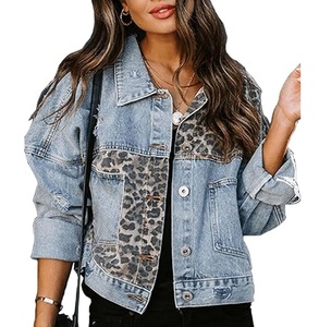 Women's Leopard Print <b>Denim</b> <b>Jacket</b> Casual Loose Fit Stonewashed Distressed Cotton Jean Coat Autumn Style - Product Image 6