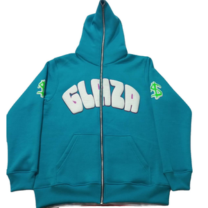 Glaza Blue 500 GSM Heavyweight <b>Full</b> <b>Zip</b> <b>Hoodie</b> Puff Print 100% Cotton French Terry Y2K Oversized <b>Hoodie</b> - Product Image 5