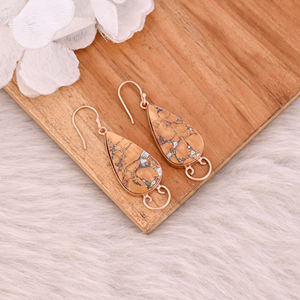 Boucles d'oreilles pendantes en laiton plaqué or rose, style bohème, avec pierre précieuse Malinga Jasper, serti clos, design personnalisé - Product Image 3