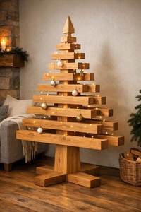 Árbol de Navidad Clásico de Madera, Forma de Pino, Tamaño Mediano, Decoración Interior, Artesanía, Luces LED, Adornos Blancos Cálidos, Base Incluida - Product Image 1