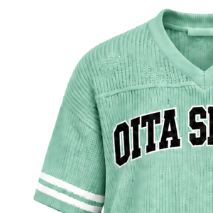 T-shirt de sport rayé vert menthe léger en jersey tricoté à col en V et manches courtes, personnalisable, pour tenue décontractée ou uniforme d'équipe, vente en gros - Product Image 6