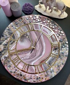 Pink Resin Modern Quartz Needle Wall <b>Clock</b> Round <b>Marble</b> Look Roman Numeral Decor for Living Room - Product Image 1