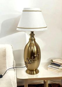 Handmade <b>Antique</b> Brass <b>Table</b> Lamp with Floral Embossed Design Fabric Lampshade <b>Bedside</b> Desk Lamp Vintage Home Decor Nightstand - Product Image 4