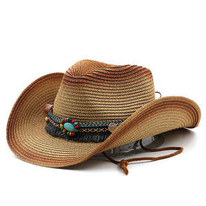 Chapeau de cowboy occidental vintage bohème en paille turquoise perlée, style décontracté pour femme, idéal pour l'été et la plage - Product Image 4