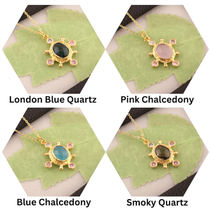 Minimalist jewelry necklace oval cut hydro quartz chalcedony gemstone pendant necklace 18k gold plated beaded designer necklace - Product Image 1