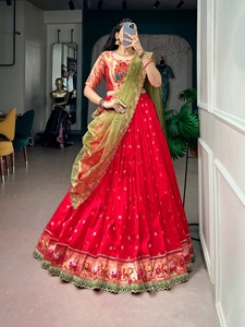 <b>Red</b> Embroidered <b>Lehenga</b> Choli Set With Green Dupatta Traditional Indian Pakistani Wedding Wear Floor Length Women's Attire - Product Image 1