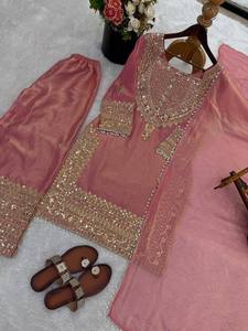 2024 Pakistani Fashioned Heavy Embroidery Chinon Silk <b>Naira</b> <b>Cut</b> Kurti 3-Piece <b>Dress</b> Collection with Plazzo Salwar for Women - Product Image 3