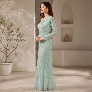 Mint Green <b>Sequin</b> Evening Gown Women One Shoulder Long Sleeve Embellished Maxi Dress Elegant Wedding Prom Party Formal Occasion - Product Image 2