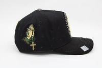 Casquette snapback Oxford noire motif léopard, avec broderie mains en prière, croix et strass, écusson métallique San Judas Tadeo, style Chicano, casquettes de baseball