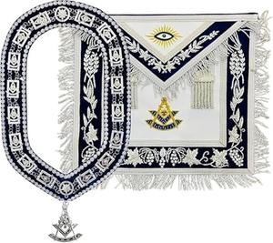 Tablier de Maître Ancien Maçon avec chaîne de col et bijou, en tissu bleu de type cuir, origine Pakistan - Product Image 1