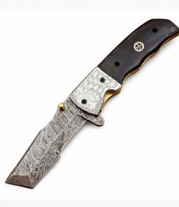 Couteau de poche utilitaire pliant artisanal en acier Damas, manche en corne noire, bolster gravé Aigle, outil de artisanat - Product Image 5
