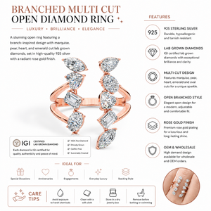 Premium Fancy Branched Multi Cut <b>Open</b> Lab Grown Diamond <b>Ring</b> | 925 Silver IGI Certified | Elegant Designer Luxury Fine Jewelry - Product Image 4