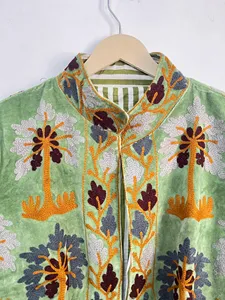 Boho <b>Light</b> Green Velvet Suzani <b>Jacket</b> Palm Tree Embroidery <b>Women</b> Ethnic Handmade Vintage Short Coat Outerwear - Product Image 3